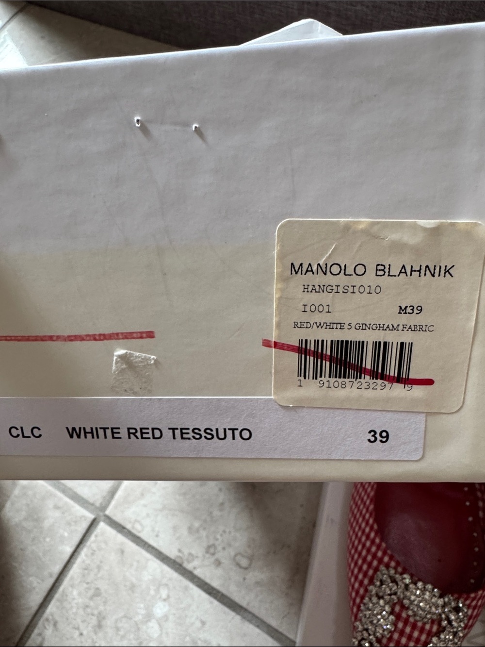 Manolo Blahnik Red Gingham Crystal-Buckle Pointed Toe Pumps - Picture 6 of 6